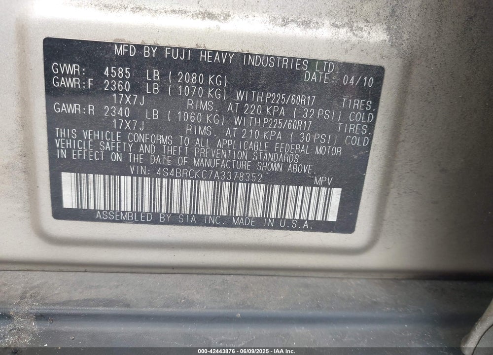 2010 SUBARU OUTBACK VIN: 4S4BRCKC7A3378352