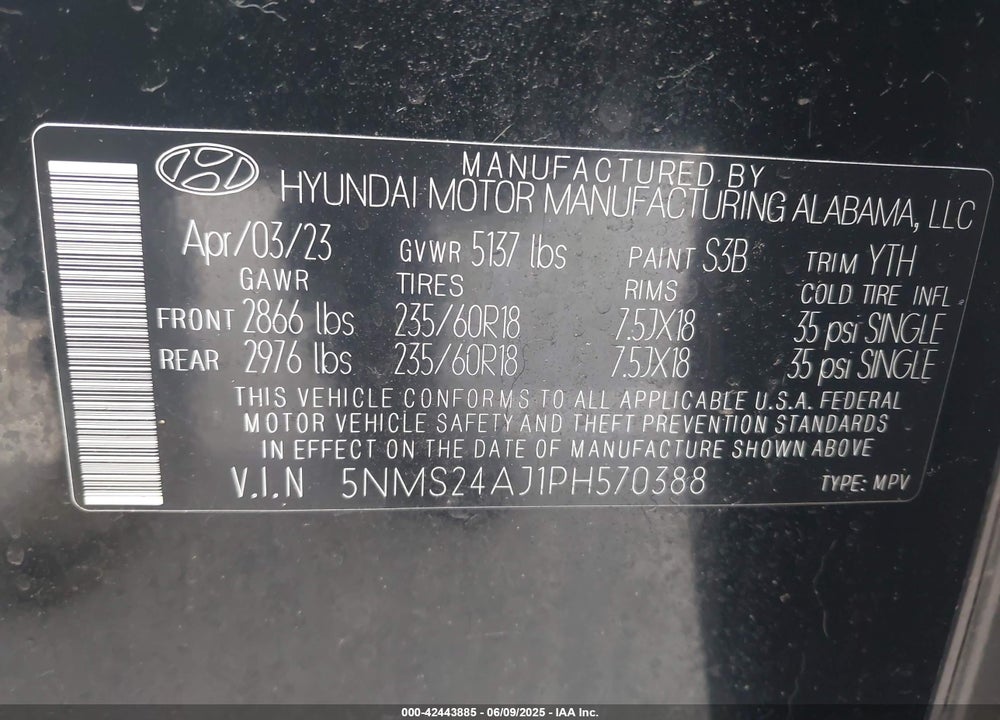 2023 HYUNDAI SANTA FE VIN: 5NMS24AJ1PH570388