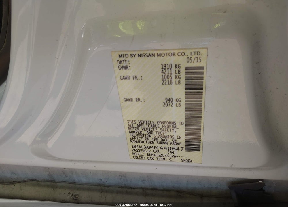 2015 NISSAN ALTIMA VIN: 1N4AL3AP4FC440647