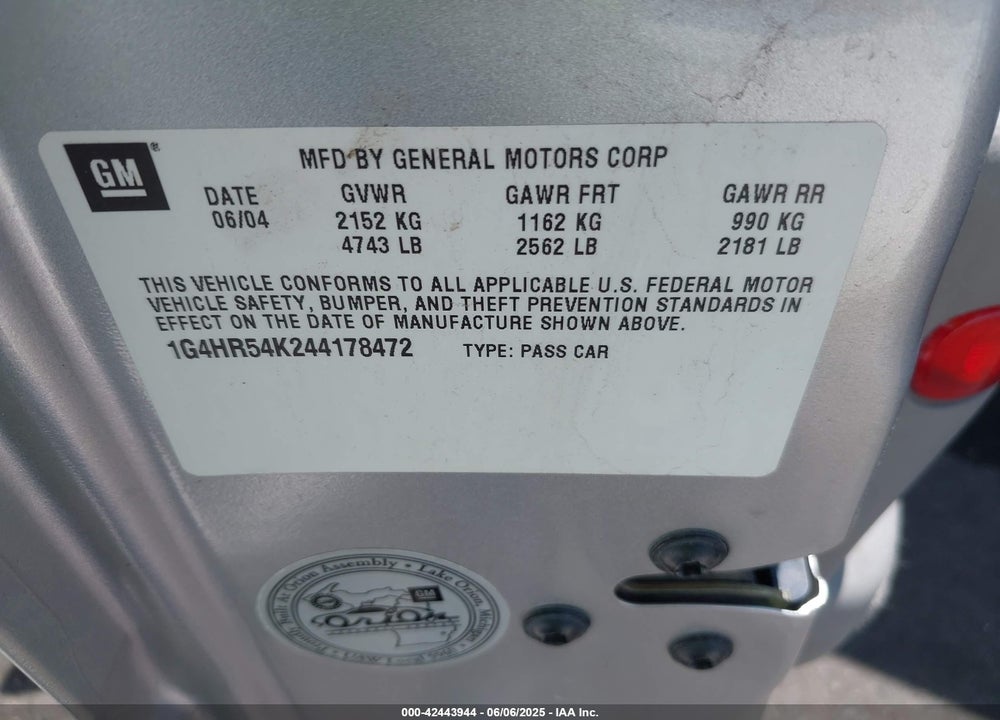 2004 BUICK LESABRE LIMITED VIN: 1G4HR54K244178472