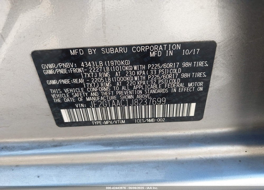 2018 SUBARU CROSSTREK 2.0I VIN: JF2GTAAC1J8237699