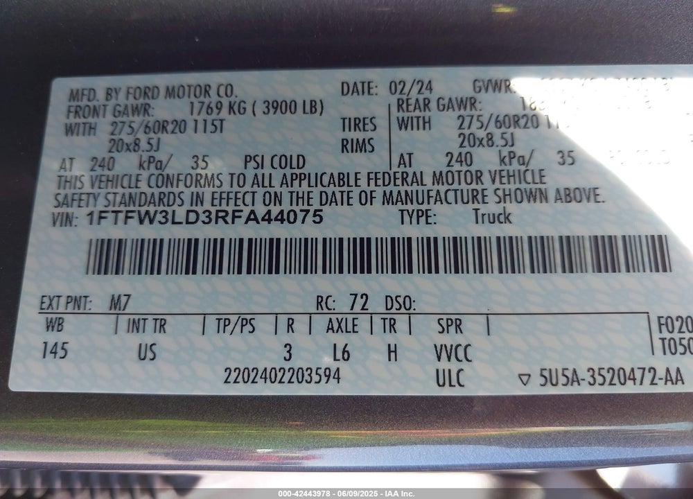 2024 FORD F-150 VIN: 1FTFW3LD3RFA44075