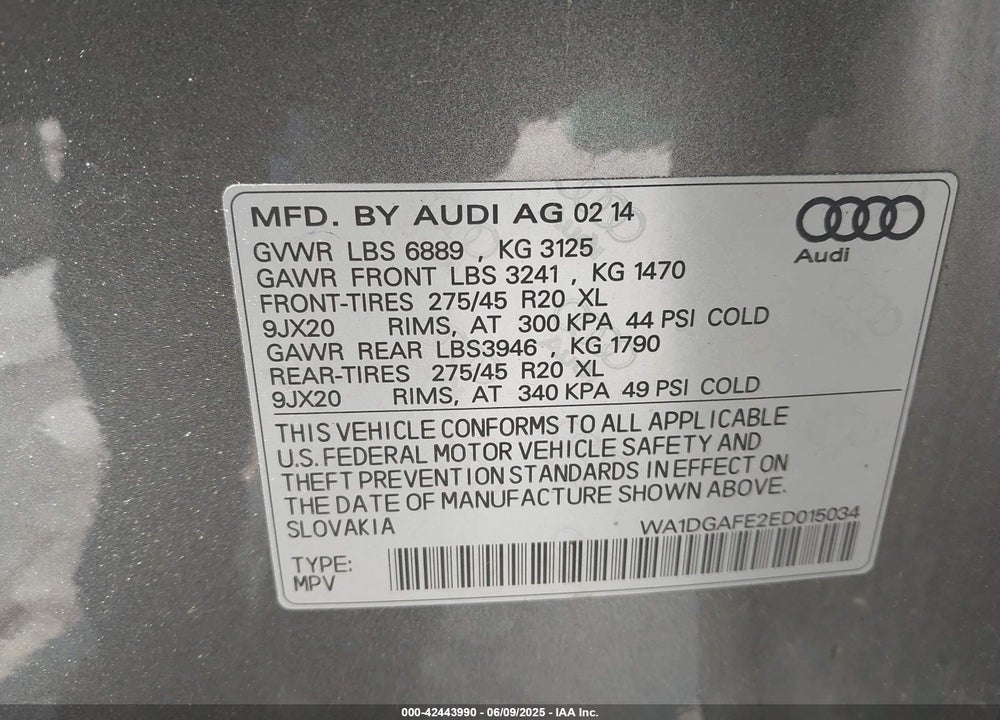 2014 AUDI Q7 VIN: WA1DGAFE2ED015034
