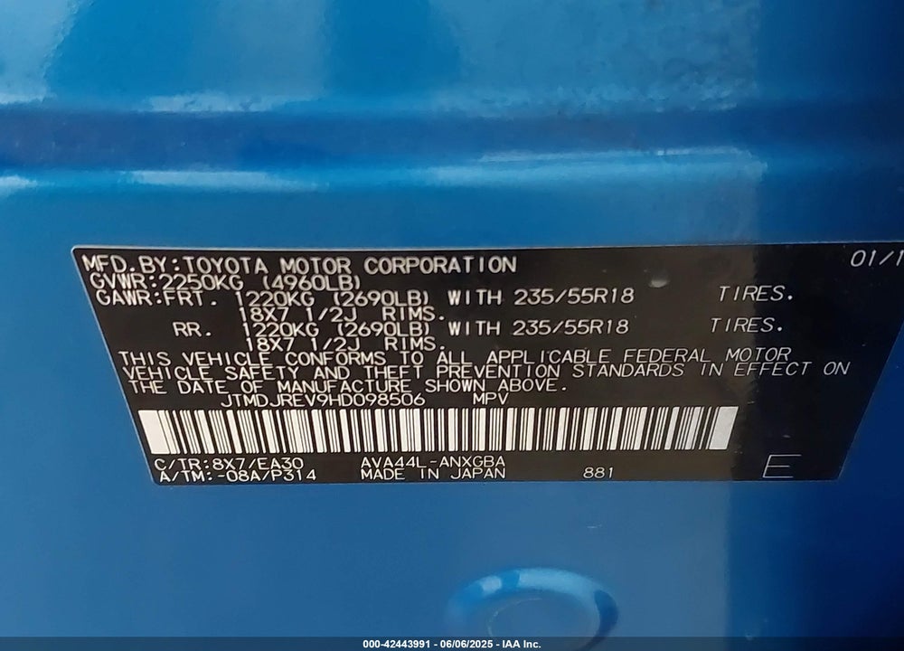 2017 TOYOTA RAV4 HYBRID VIN: JTMDJREV9HD098506