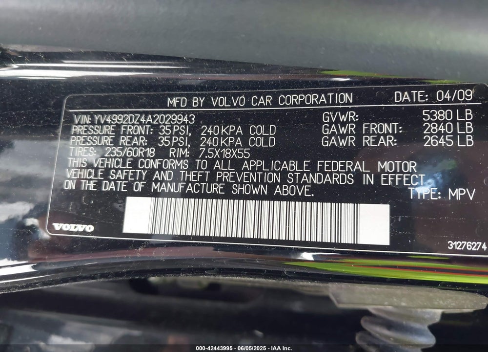 2010 VOLVO XC60 VIN: YV4992DZ4A2029943