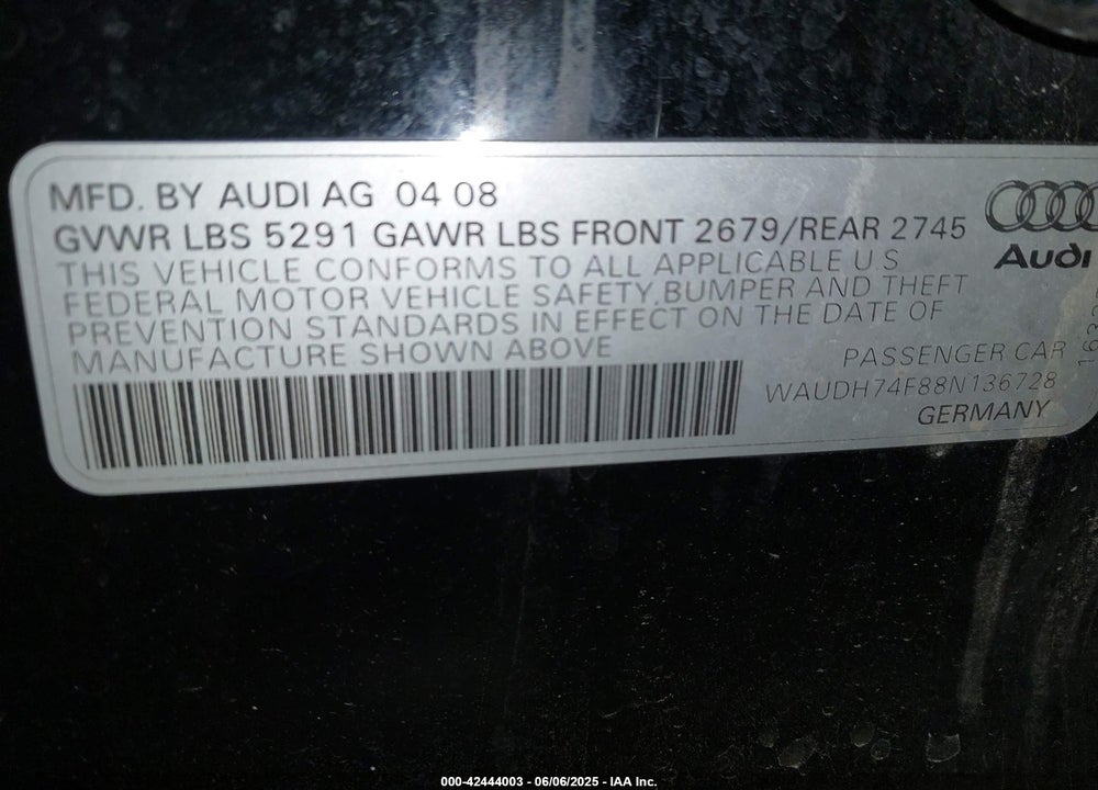 2008 AUDI A6 VIN: WAUDH74F88N136728
