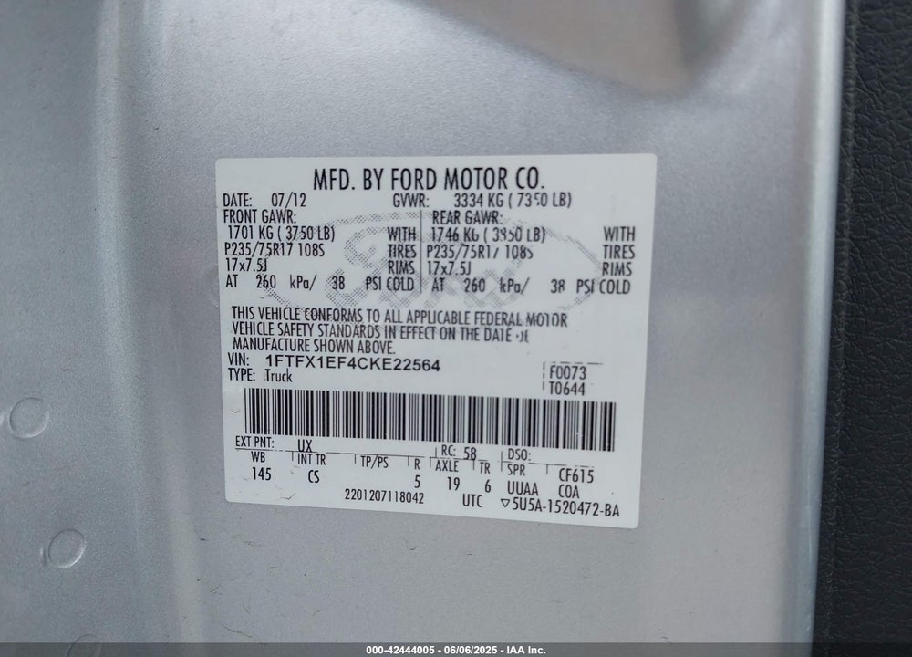 2012 FORD F-150 VIN: 1FTFX1EF4CKE22564