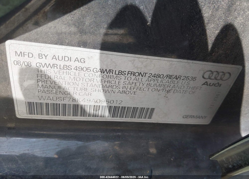 2009 AUDI A4 2.0T PREMIUM VIN: WAUSF78K49A095012