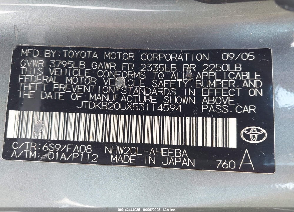 2005 TOYOTA PRIUS VIN: JTDKB20UX53114594