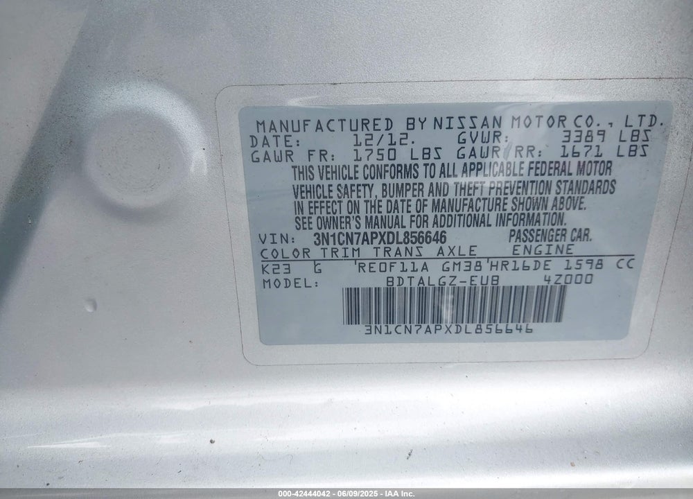 2013 NISSAN VERSA 1.6 SL VIN: 3N1CN7APXDL856646