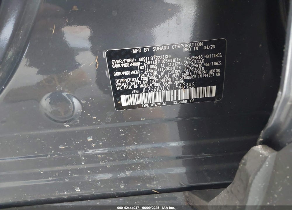 2020 SUBARU FORESTER VIN: JF2SKAXCXLH543386
