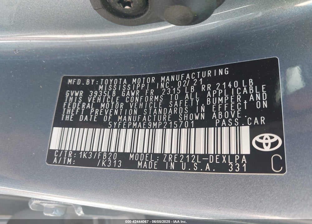 2021 TOYOTA COROLLA LE VIN: 5YFEPMAE9MP215701