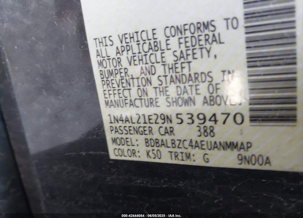 2009 NISSAN ALTIMA 2.5 S VIN: 1N4AL21E29N539470