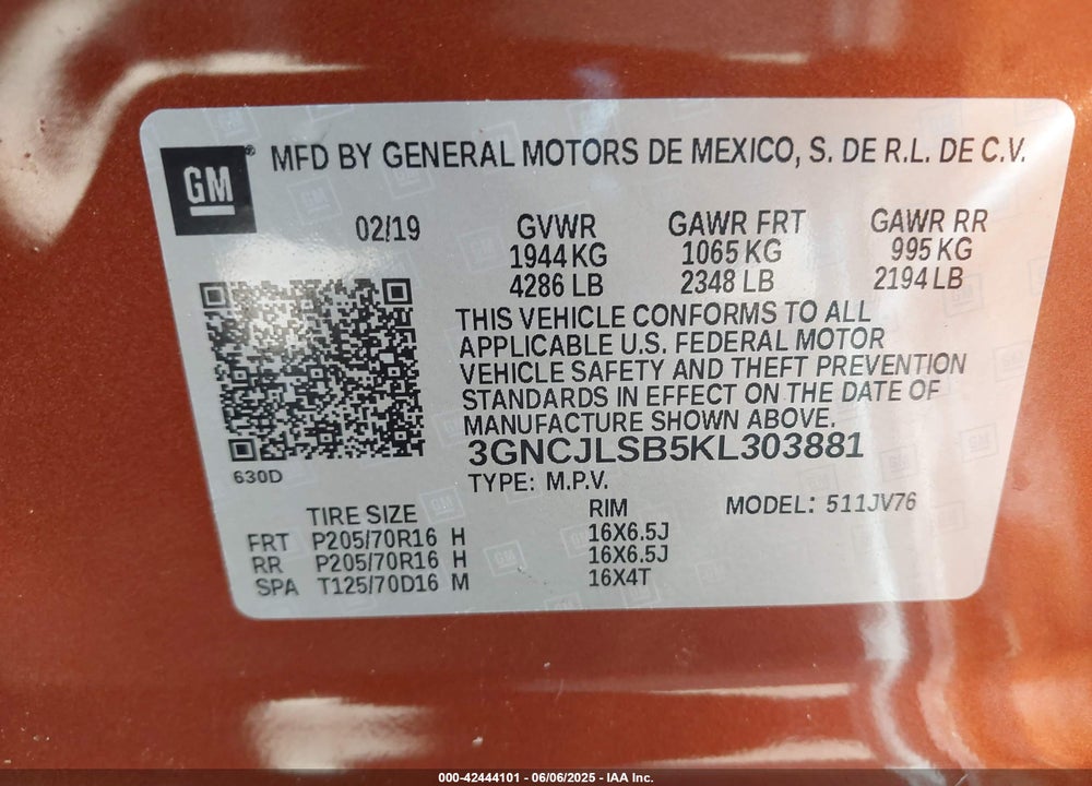 2019 CHEVROLET TRAX LT VIN: 3GNCJLSB5KL303881