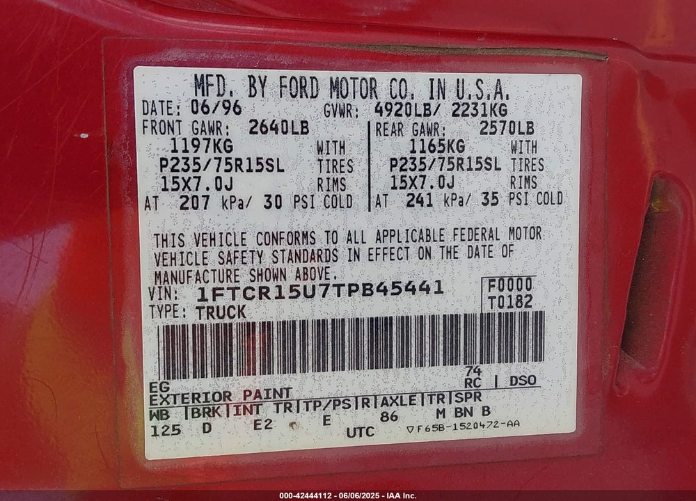 1996 FORD RANGER SUPER CAB VIN: 1FTCR15U7TPB45441