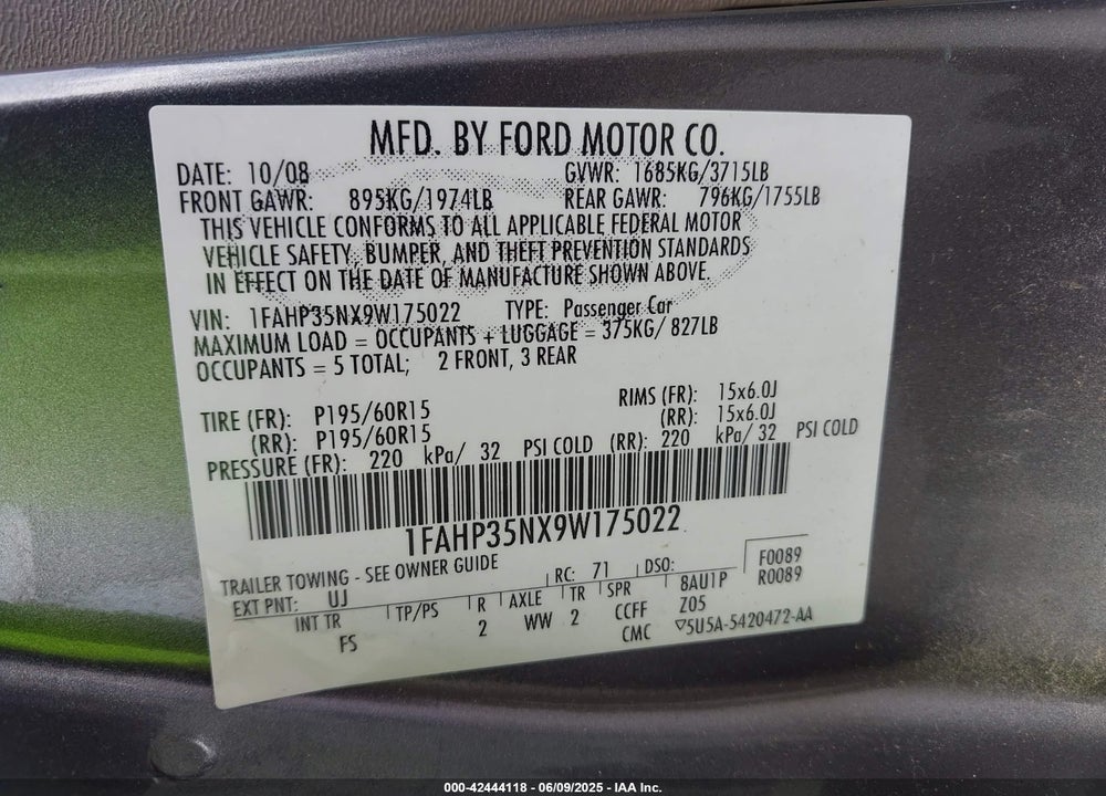 2009 FORD FOCUS VIN: 1FAHP35NX9W175022