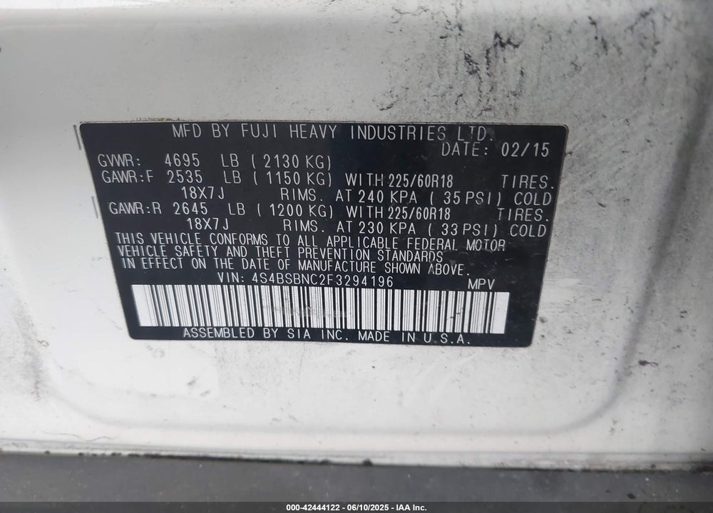 2015 SUBARU OUTBACK VIN: 4S4BSBNC2F3294196