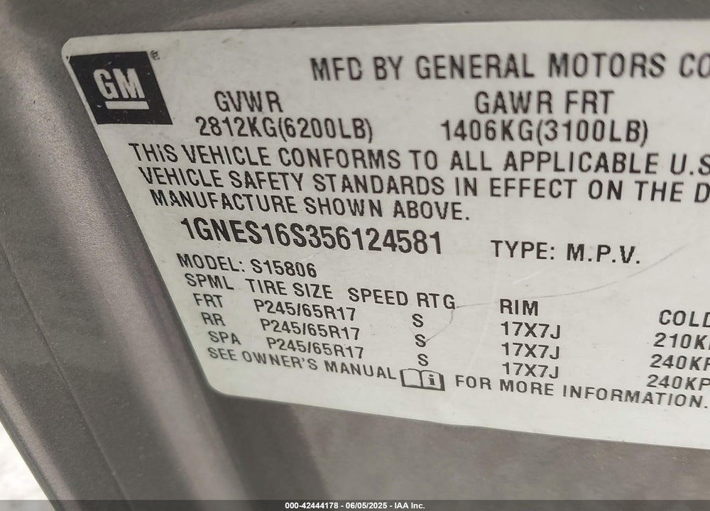 2005 CHEVROLET TRAILBLAZER EXT LS VIN: 1GNES16S356124581