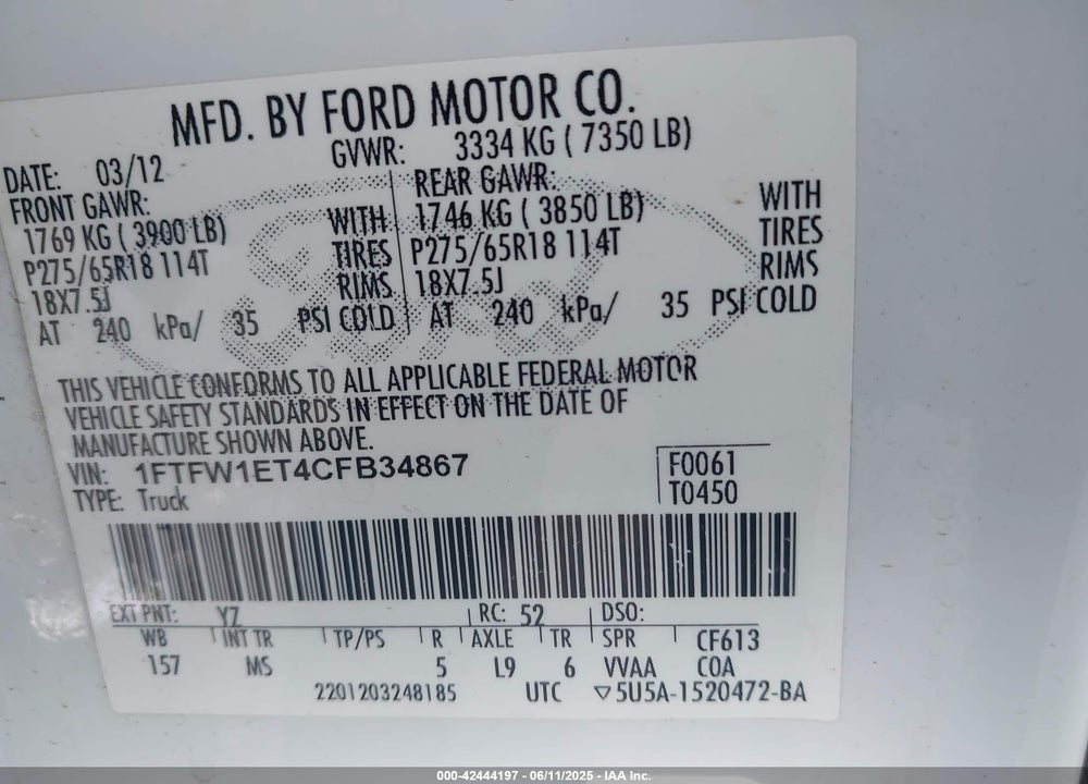 2012 FORD F-150 VIN: 1FTFW1ET4CFB34867