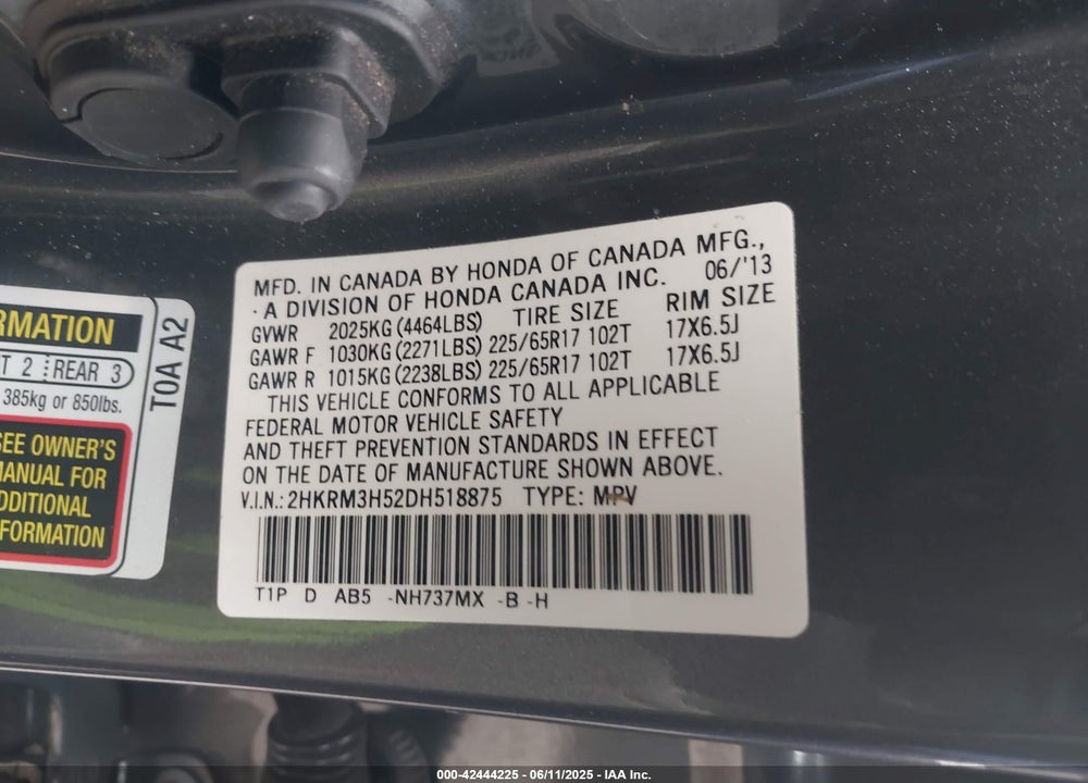 2013 HONDA CR-V EX VIN: 2HKRM3H52DH518875