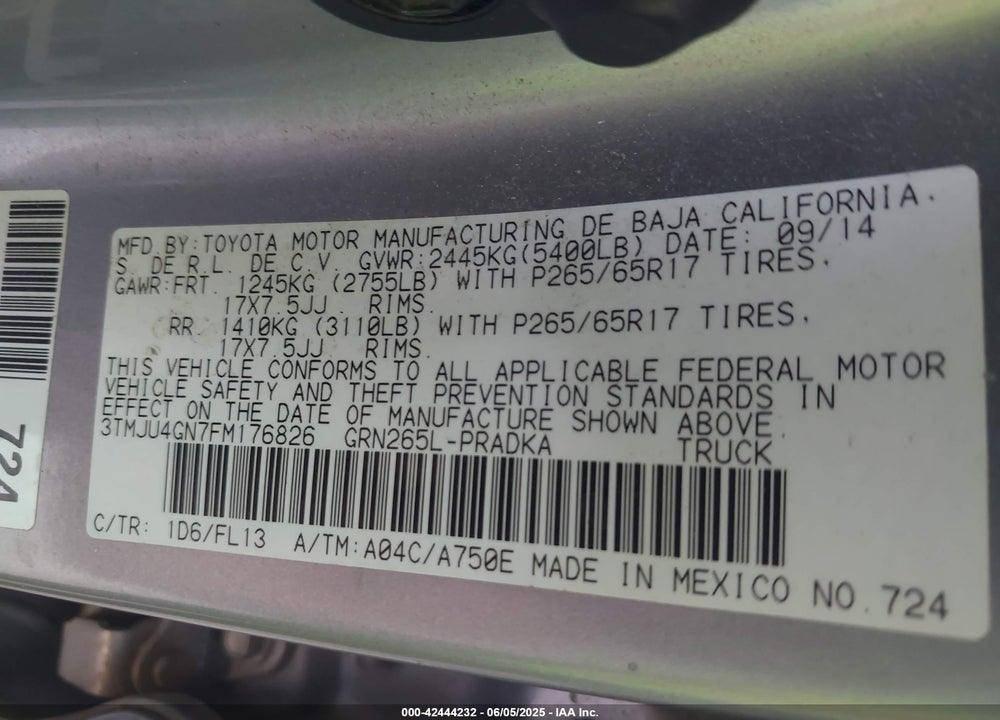 2015 TOYOTA TACOMA PRERUNNER V6 VIN: 3TMJU4GN7FM176826