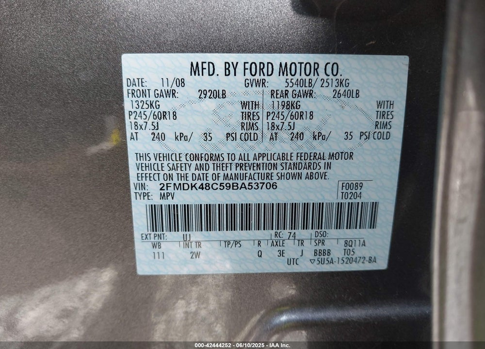 2009 FORD EDGE SEL VIN: 2FMDK48C59BA53706