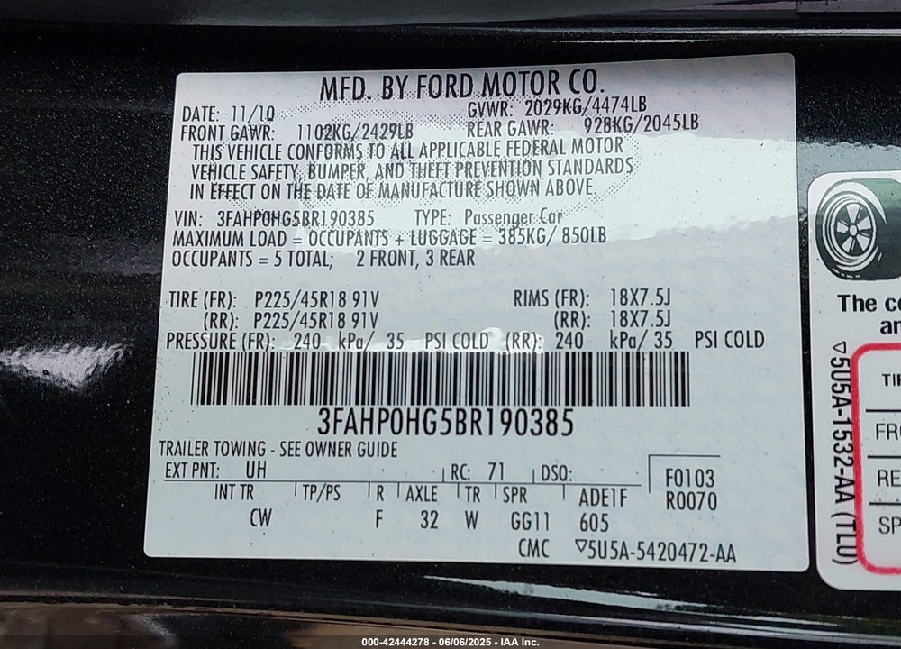 2011 FORD FUSION VIN: 3FAHP0HG5BR190385