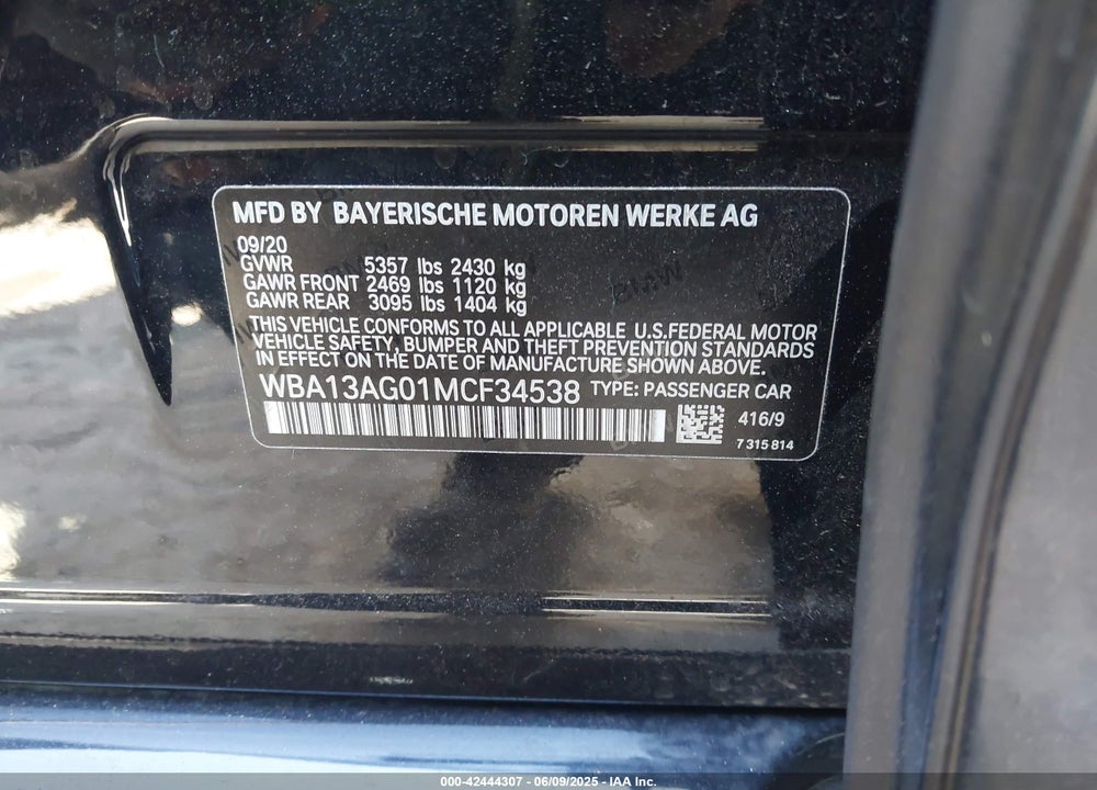 2021 BMW 5 SERIES VIN: WBA13AG01MCF34538