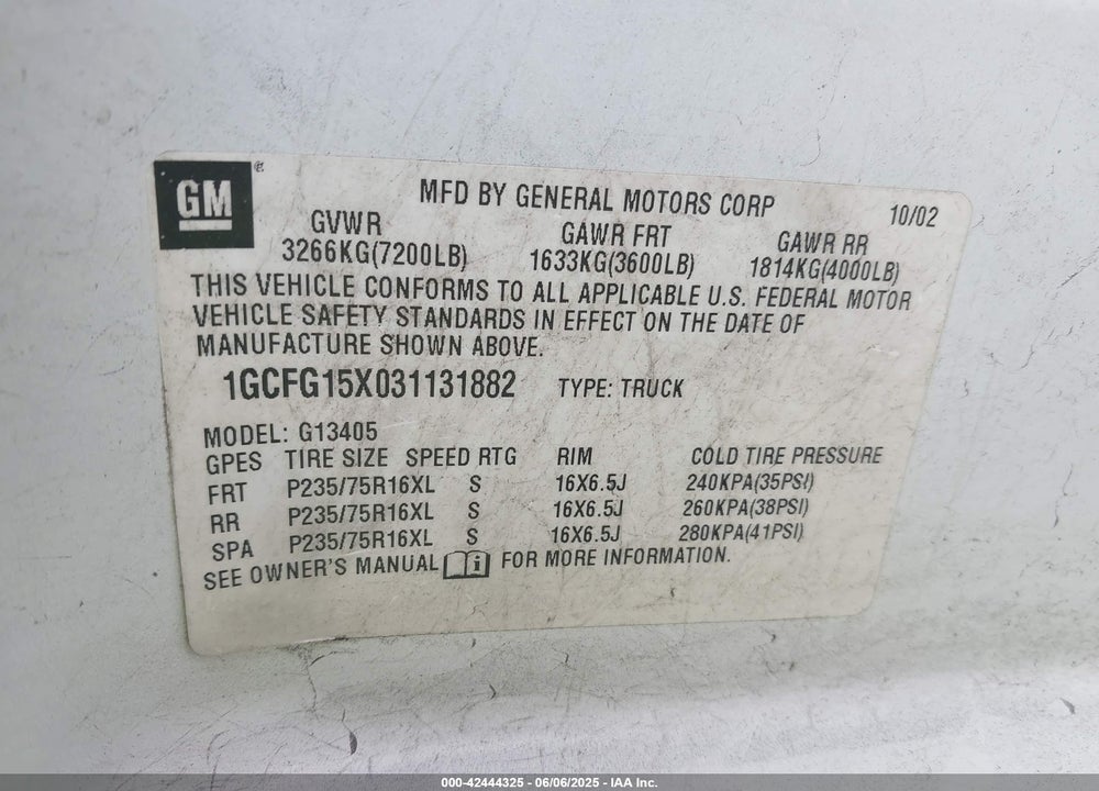 2003 CHEVROLET EXPRESS VIN: 1GCFG15X031131882