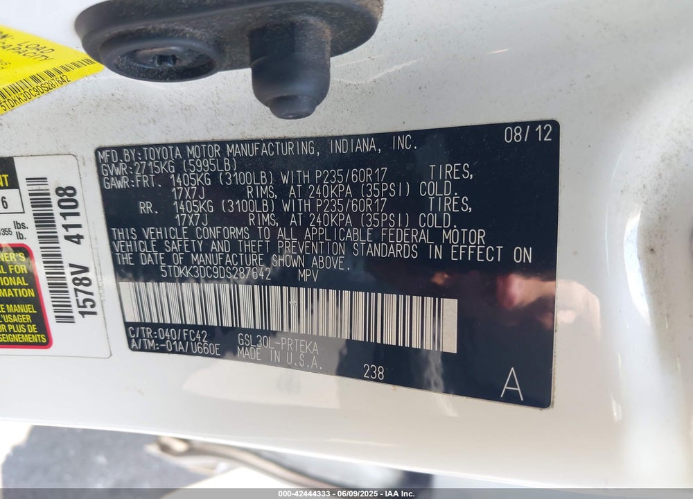 2013 TOYOTA SIENNA LE V6 8 PASSENGER VIN: 5TDKK3DC9DS287642