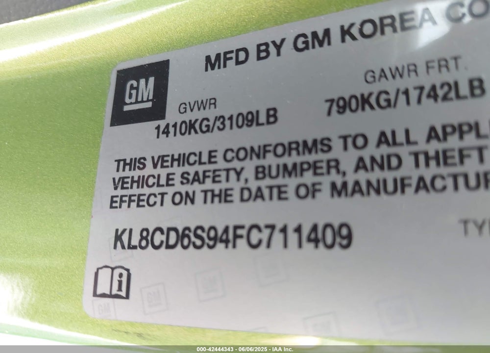 2015 CHEVROLET SPARK VIN: KL8CD6S94FC711409
