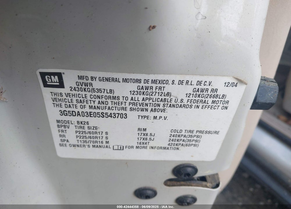 2005 BUICK RENDEZVOUS CX VIN: 3G5DA03E05S543703