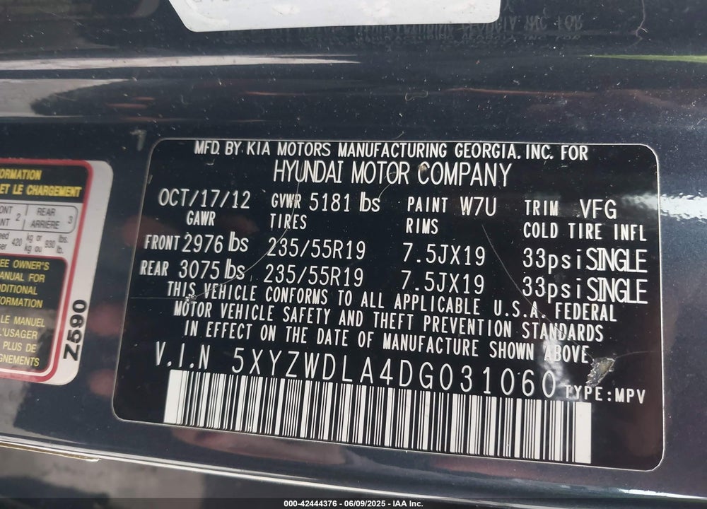 2013 HYUNDAI SANTA FE VIN: 5XYZWDLA4DG031060