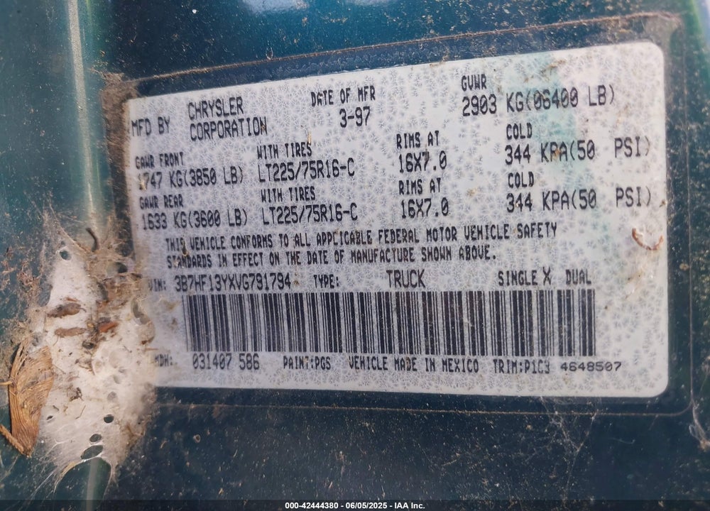 1997 DODGE RAM 1500 ST VIN: 3B7HF13YXVG791794