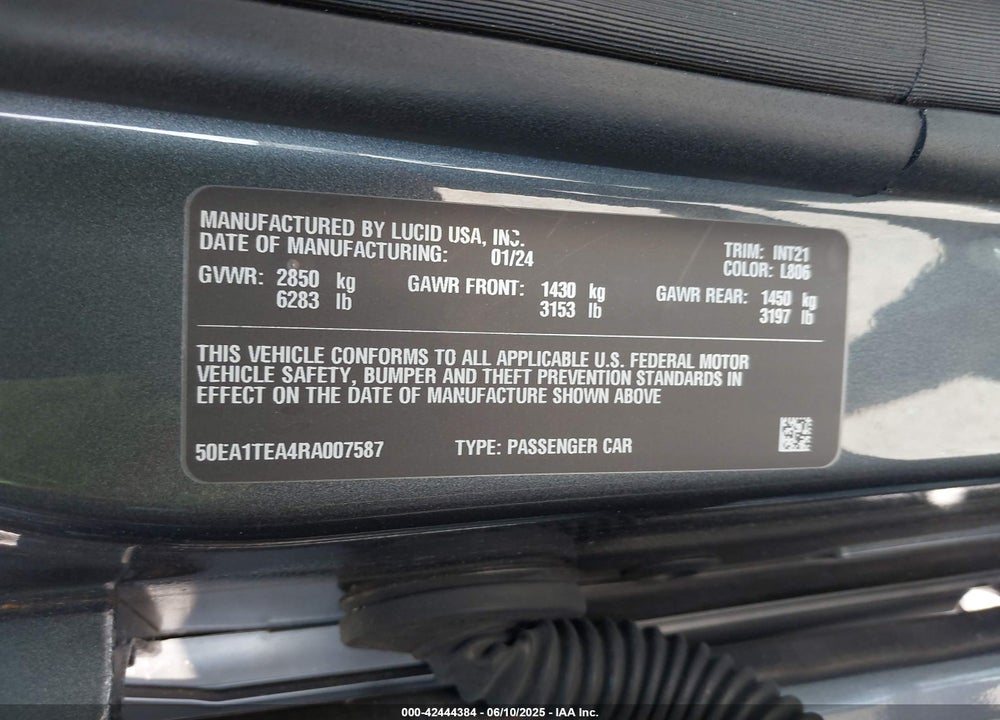 2024 LUCID AIR VIN: 50EA1TEA4RA007587