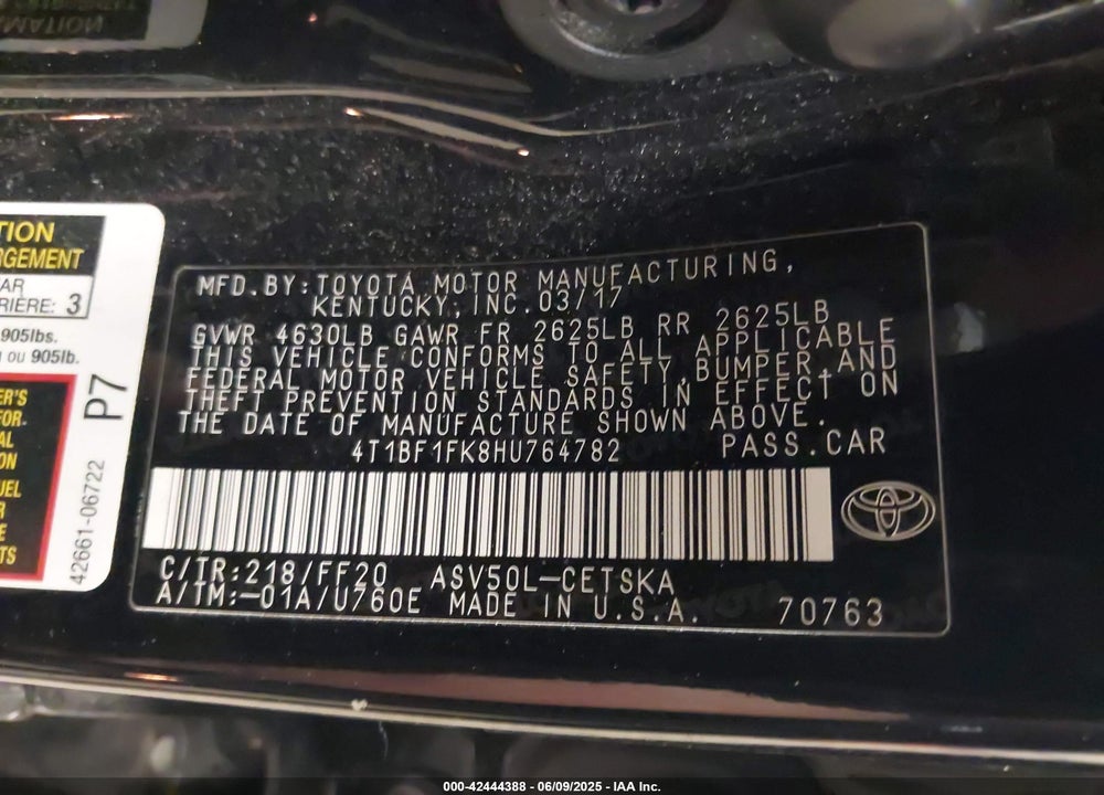 2017 TOYOTA CAMRY SE VIN: 4T1BF1FK8HU764782