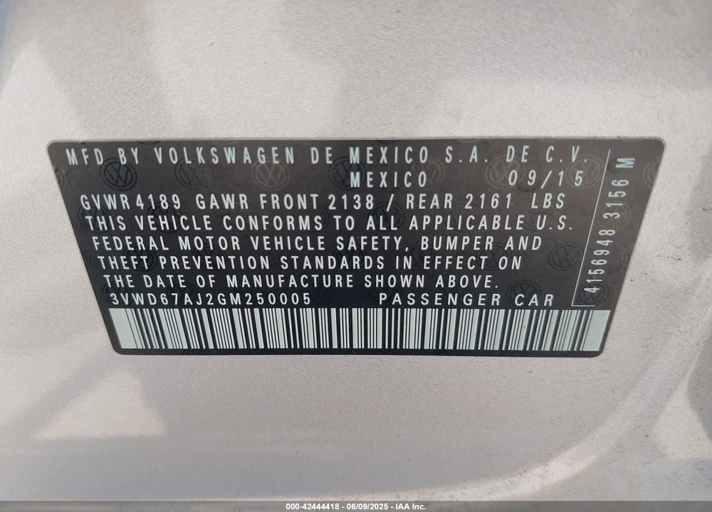 2016 VOLKSWAGEN JETTA VIN: 3VWD67AJ2GM250005