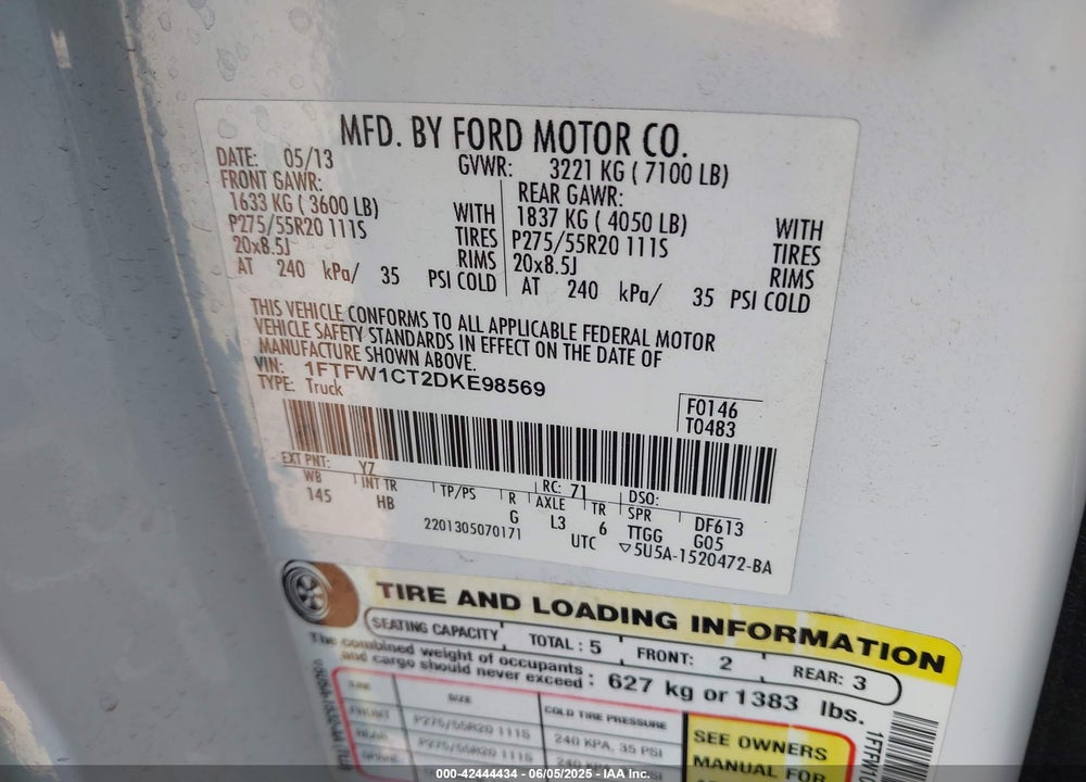 2013 FORD F-150 VIN: 1FTFW1CT2DKE98569