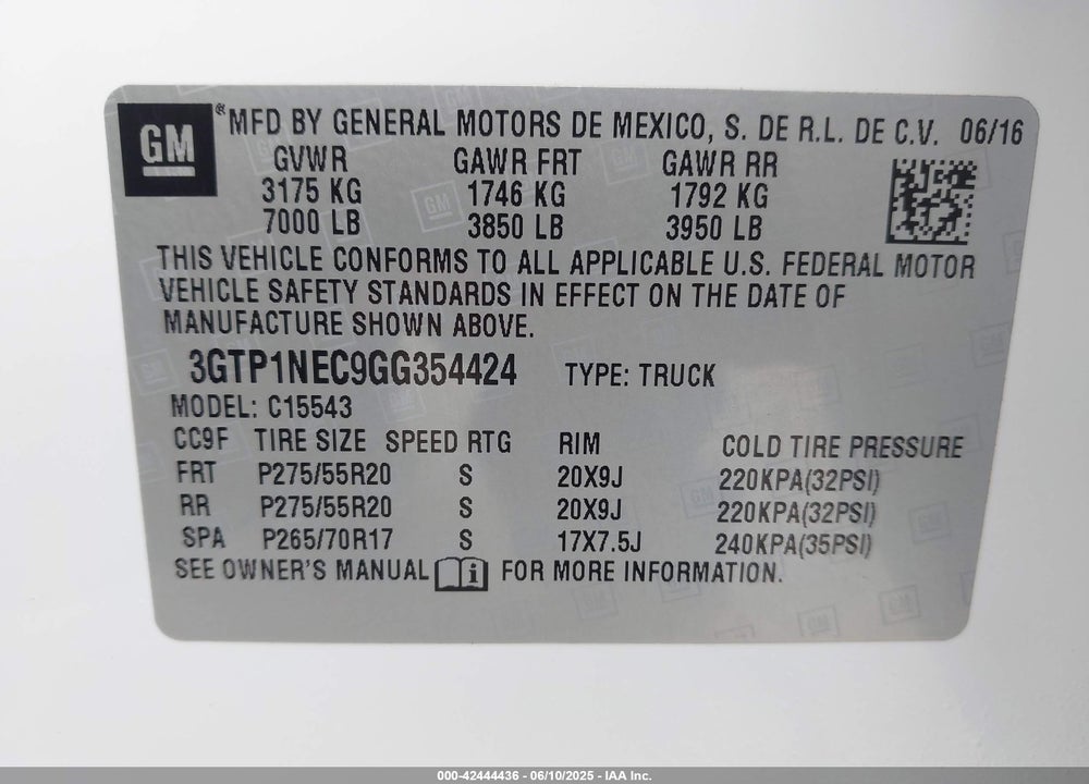 2016 GMC SIERRA 1500 VIN: 3GTP1NEC9GG354424