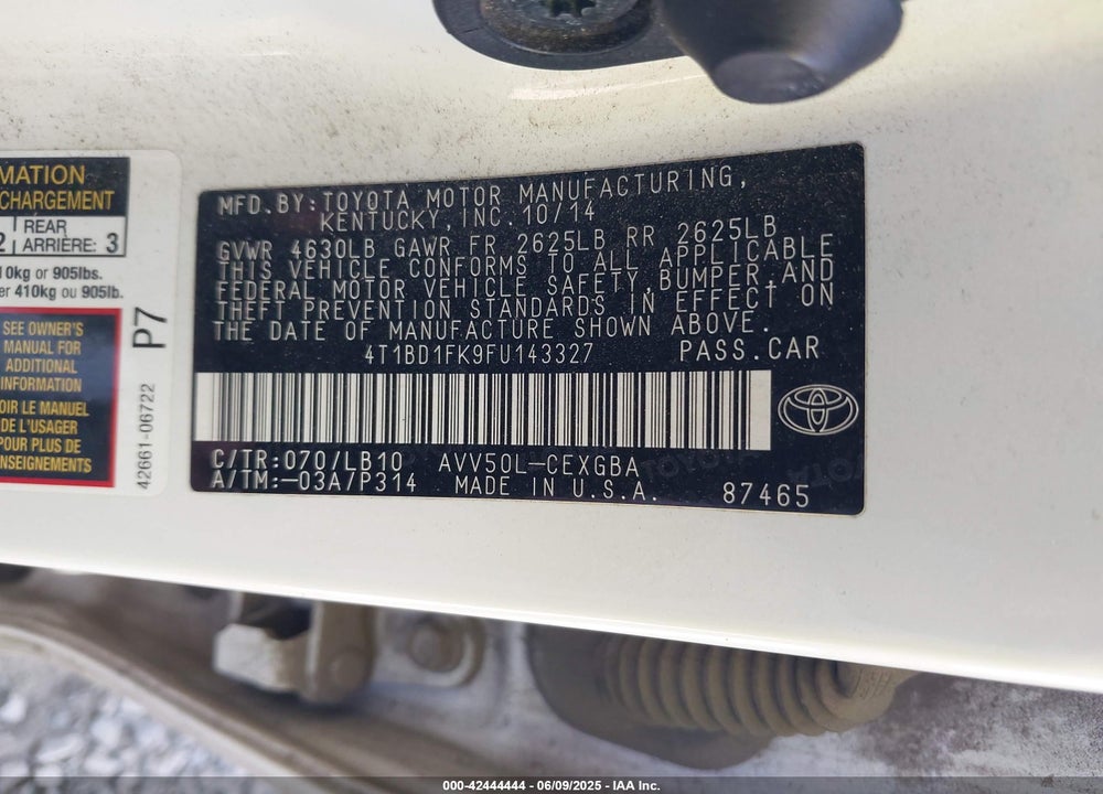 2015 TOYOTA CAMRY HYBRID VIN: 4T1BD1FK9FU143327
