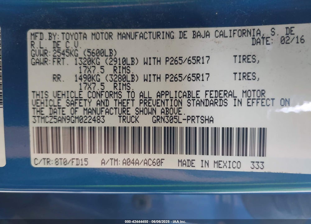2016 TOYOTA TACOMA VIN: 3TMCZ5AN9GM022483