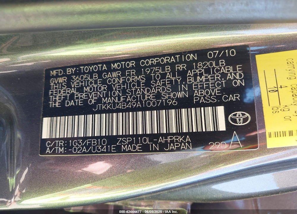 2010 SCION XD VIN: JTKKU4B49A1007196