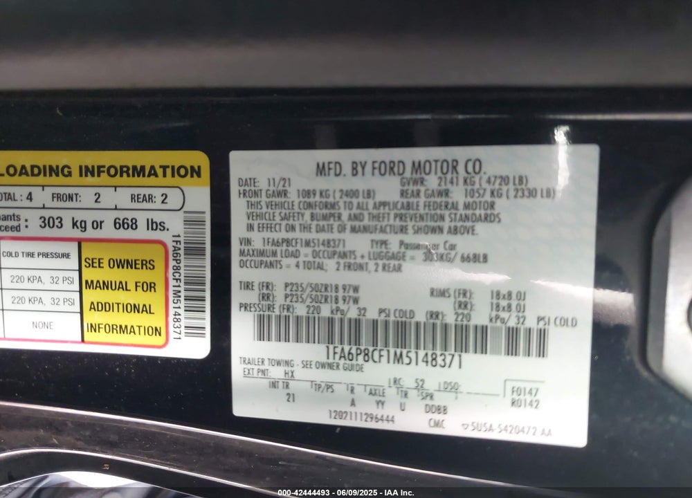 2021 FORD MUSTANG VIN: 1FA6P8CF1M5148371