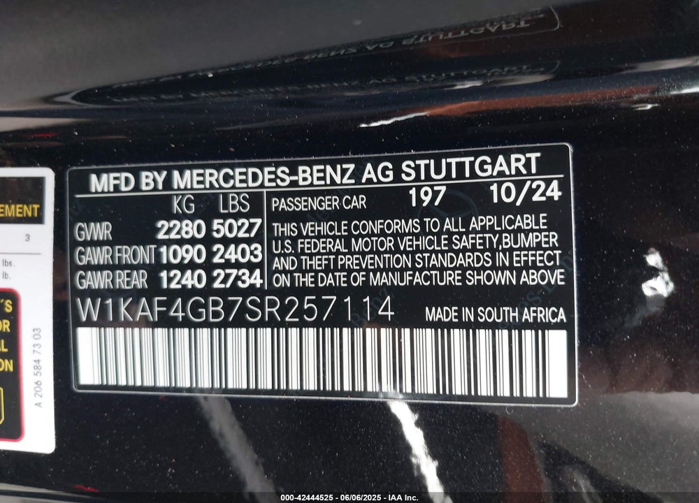 2025 MERCEDES-BENZ C 300 VIN: W1KAF4GB7SR257114