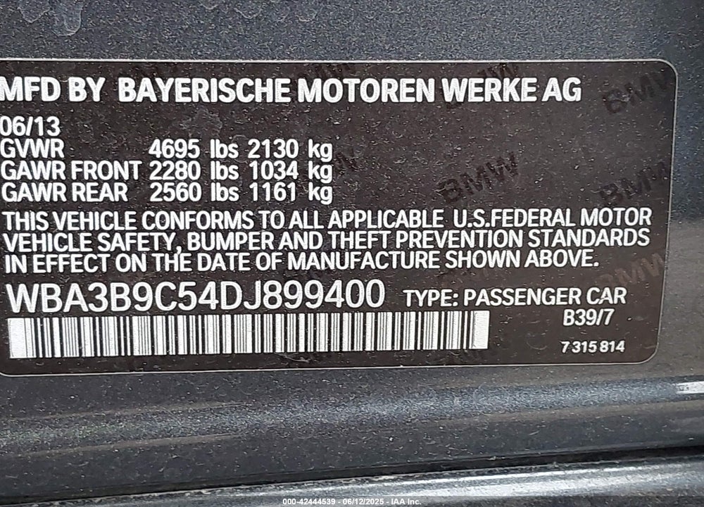 2013 BMW 335I XDRIVE VIN: WBA3B9C54DJ899400