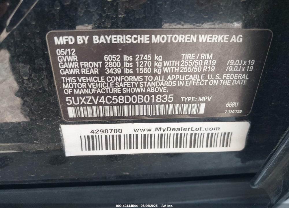 2013 BMW X5 VIN: 5UXZV4C58D0B01835