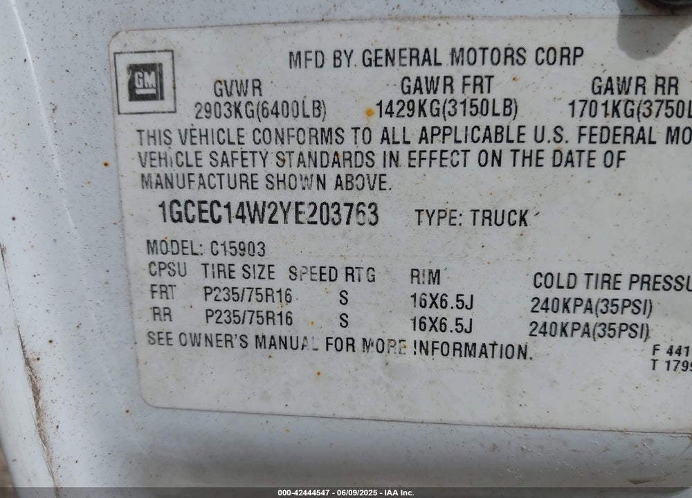2000 CHEVROLET SILVERADO 1500 VIN: 1GCEC14W2YE203763
