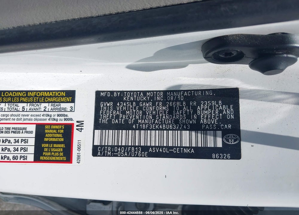 2011 TOYOTA CAMRY VIN: 4T1BF3EK4BU637743