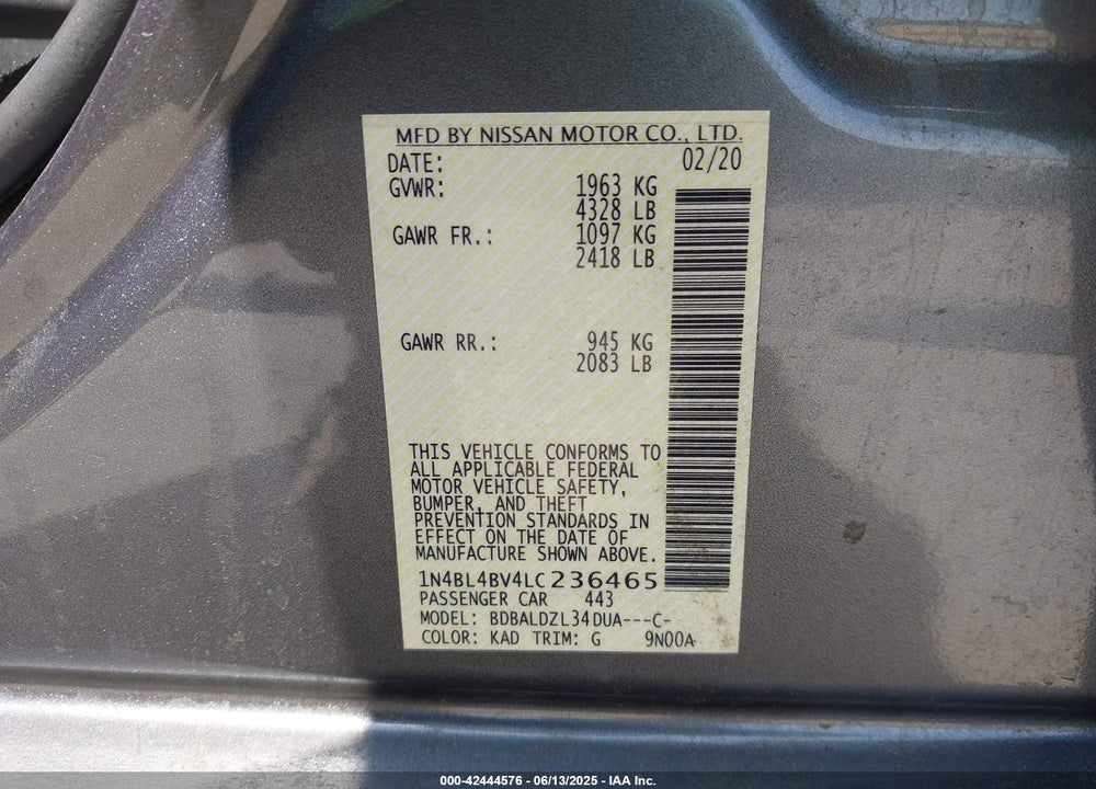 2020 NISSAN ALTIMA VIN: 1N4BL4BV4LC236465