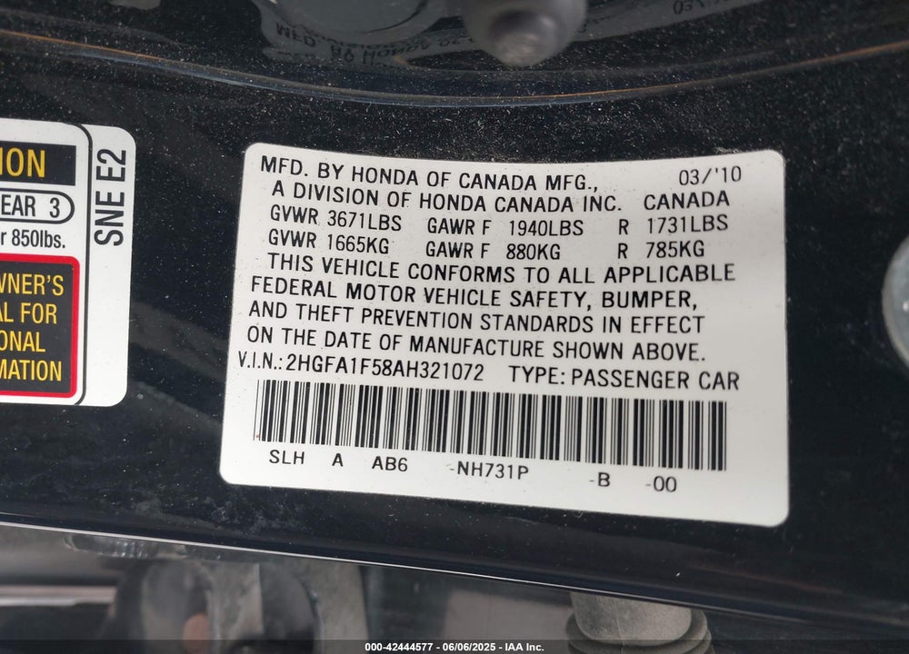 2010 HONDA CIVIC VIN: 2HGFA1F58AH321072
